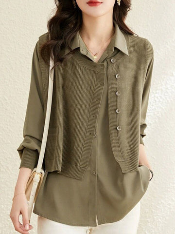 Long Sleeves Relaxed Fit Plain Lapel  Inner Shirt + Pockets Buttoned Outer Knit Vest Two Pieces Set