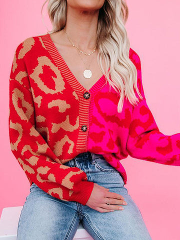 Buttoned Leopard Split-Joint Long Sleeves Loose V-Neck Cardigan Tops