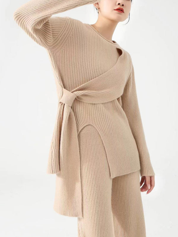 Loose Asymmetric Solid Color Long Sleeves Split-Front Round-Neck Sweater Top + Pants Bottom Two Pieces Set