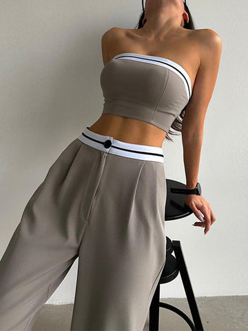 Sleeveless Contrast Color Tube Tube Top + High Waisted Buttoned Pleated Pants Bottom Two Pieces Set