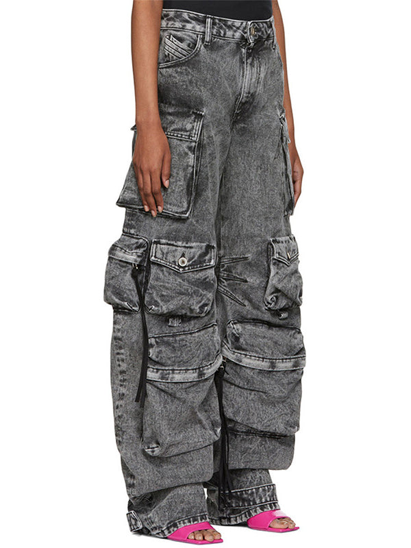 Pleated Pockets Split-Joint Streamer Loose Jean Pants Bottoms