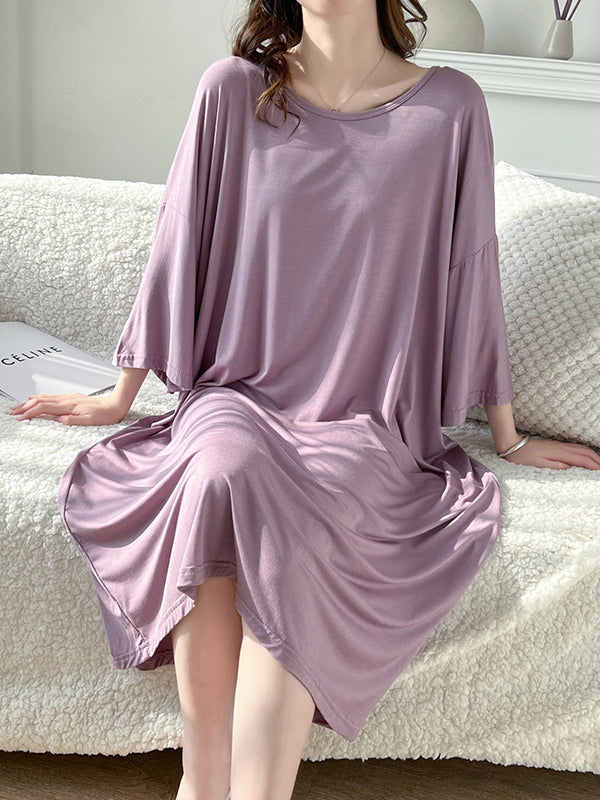 Solid Color Split-Joint High Waisted Loose Round-Neck Pajama Dress