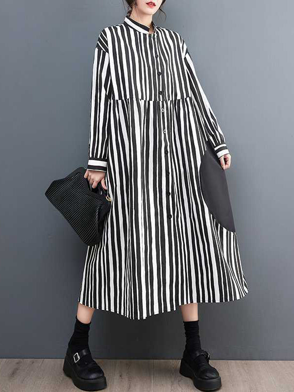 Buttoned Split-Joint Striped Long Sleeves Loose Mock Neck Midi Dresses