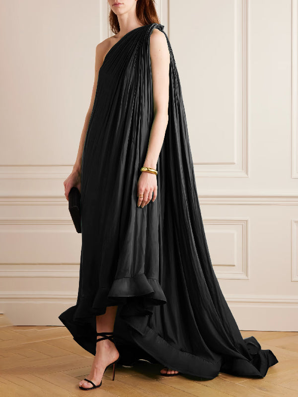 Banquet Sleeveless Loose Pleated Falbala Solid Color One-Shoulder Maxi Dresses