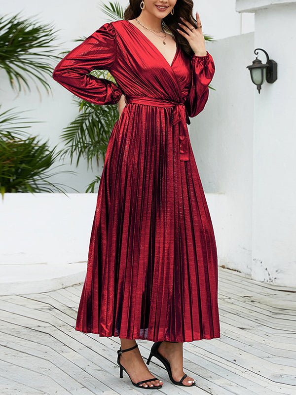 Bronzing Elasticity Pleated Solid Color Tied Waist Long Sleeves Loose V-Neck Midi Dresses