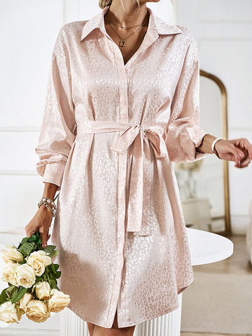 Buttoned Leopard Tied Waist Long Sleeves Loose Lapel Shirt Dress Mini Dresses