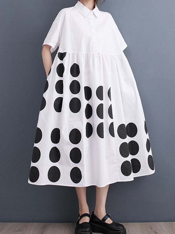 Buttoned Pockets Polka Dot Printed A-line Loose Lapel Midi Dresses