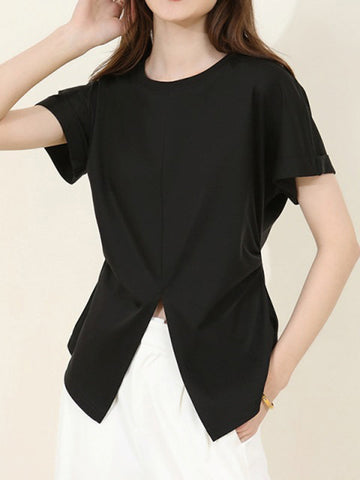 Pleated Solid Color Split-Front Split-Joint Batwing Sleeves Loose Round-Neck T-Shirts