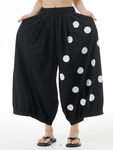 Asymmetric Elasticity Polka-Dot Loose Ninth Pants Pants Cropped Trousers