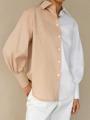 Buttoned Contrast Color Long Sleeves Loose Lapel Blouses&Shirts Tops