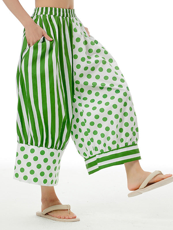 Contrast Color Elasticity Polka-Dot Split-Joint Striped Loose Wide Leg Pants Cropped Trousers