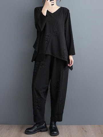 Split-Joint V-Neck Long Sleeves Asymmetric Solid Color T-Shirts Top + Harem Pants Elasticity Pants Bottom Two Pieces Set