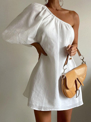 Asymmetric Elasticity Solid Color Loose Three-Quarter Sleeves One-Shoulder Mini Dresses