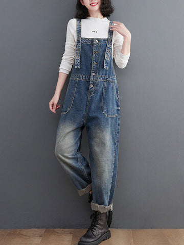 Artistic Retro Loose Solid Color Denim Overalls