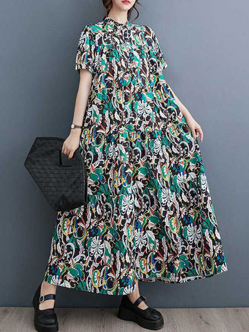 Printed Split-Joint A-Line Loose Stand Collar Midi Dresses