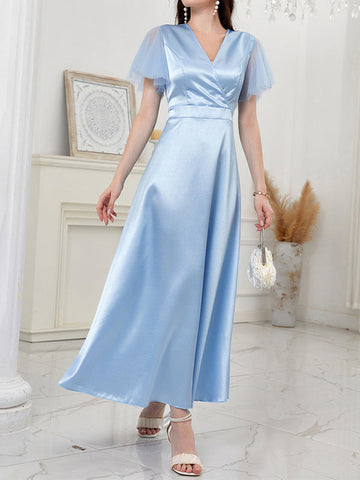 Gauze Solid Color Split-Joint A-Line High Waisted V-Neck Maxi Dresses