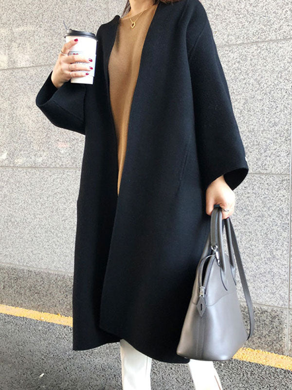 Solid Color Long Sleeves Loose Collarless Woolen Coat