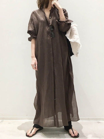 Vintage Gray Lapel Long Sleeves Maxi Dress