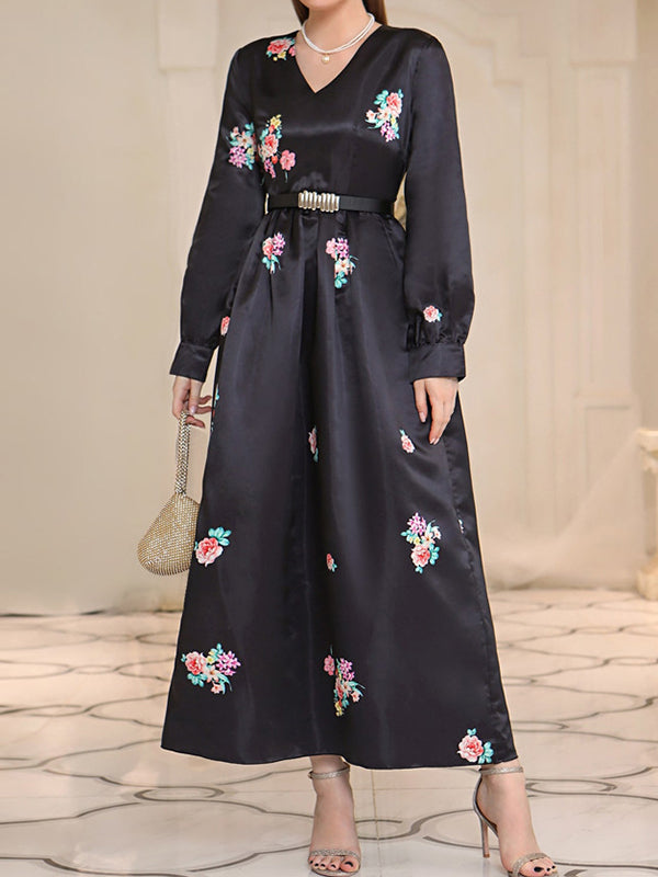 Belted Flower Print A-Line High Waisted V-Neck Maxi Dresses