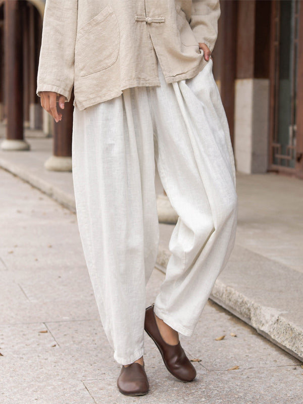 Simple Casual Loose Solid Color Ramie Cotton Pants