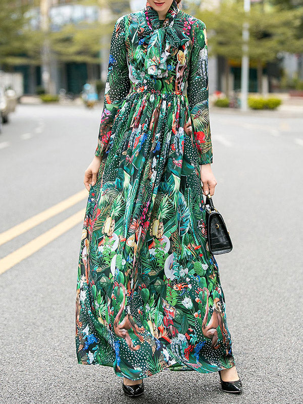 Bowknot Elasticity Flower Print Zipper High Waisted Long Sleeves Round-neck Maxi Dresses