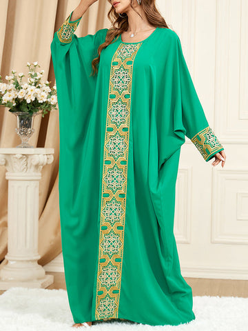 Contrast Color Embroidered Muslim Batwing Sleeves Loose Round-Neck Muslim Abaya Maxi Dresses