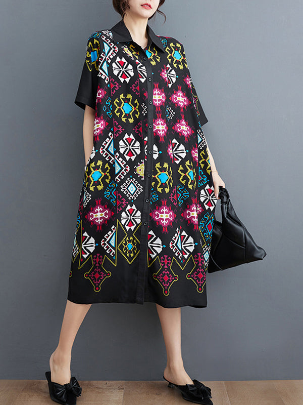 Ethnic Printed Loose Short Sleeves Lapel Midi Dresses