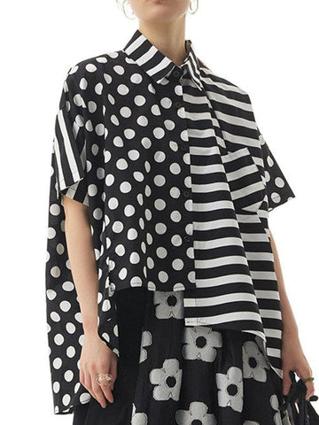 Polka-Dot Split-Joint Striped Irregular clipping Loose Lapel Shirts Tops