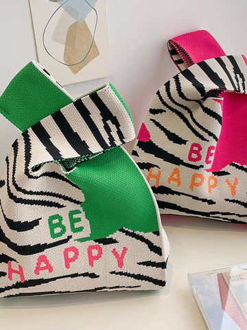 Letter Print Zebra-Stripe Woven Handbag Bags