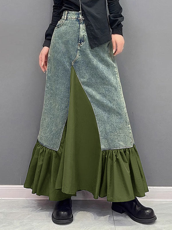 Asymmetric Buttoned Pleated Pockets Split-Joint A-Line Loose Skirts Bottoms