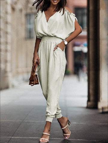 Solid Color Cold Shoulder Deep V-Neck Jumpsuits