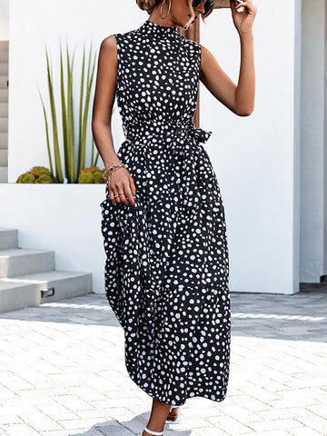 Casual Loose Sleeveless Tied Contrast Color Polka-Dot Stand Collar Maxi Dresses