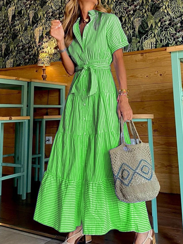 Striped Loose Short Sleeves Lapel Maxi Dresses