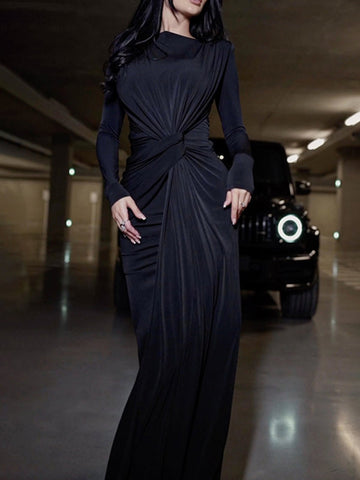 Solid Color Long Sleeves Mermaid Round-neck Maxi Dresses Evening Dresses