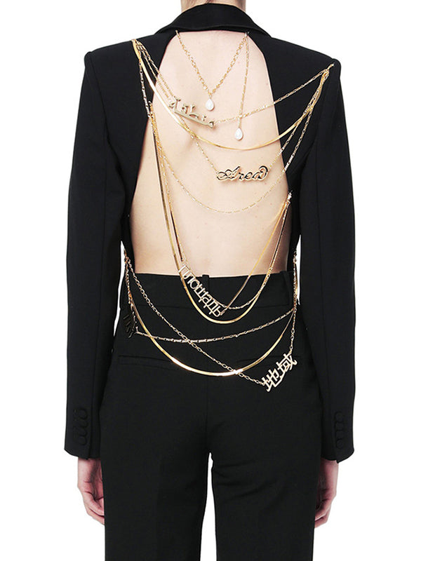 Backless Chains Long Sleeves Notched Collar Outerwear Blazer