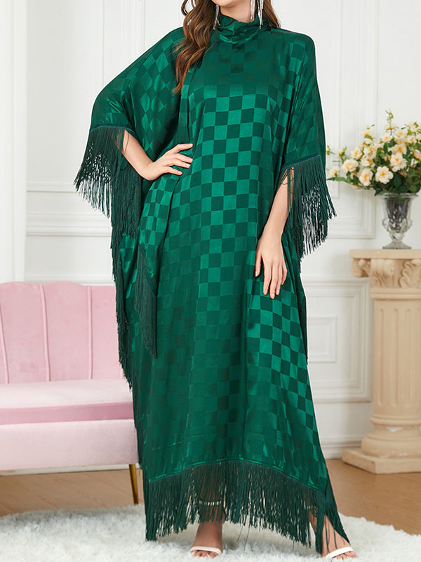 Plaid Ribbon Tasseled A-Line Batwing Sleeves Maxi Dresses