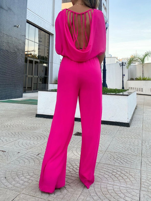 Backless Hollow Solid Color High-Low Wide Leg Round-Neck Jumpsuits Bottoms