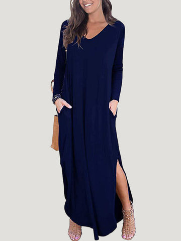 Solid Color Split-Side Long Sleeves Loose V-Neck Maxi Dresses