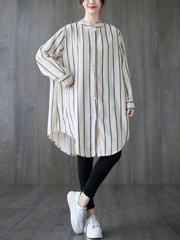 Buttoned Striped Long Sleeves Loose Blouses&Shirts Tops