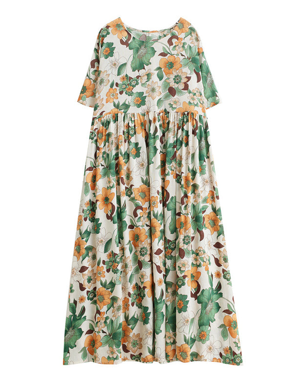 Floral Printed Pleated Split-Joint Loose Short Sleeves Round-Neck Midi Dresses