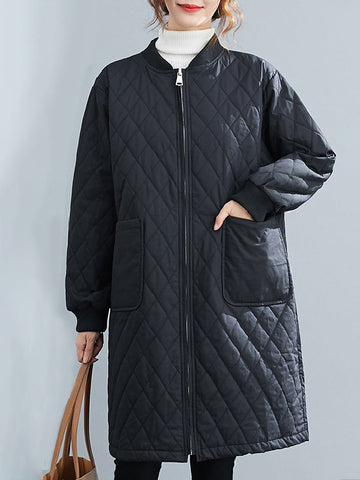 Pockets Quilted Solid Color Zipper Long Sleeves Loose Stand Collar Padded Coat