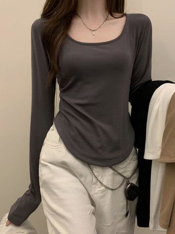 Solid Color Long Sleeves Skinny Square-Neck T-Shirts Tops