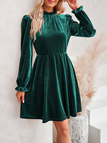 Hollow Ruffled Solid Color Velvet A-Line High Waisted Mock Neck Mini Dresses