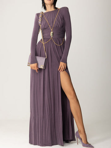 Long Sleeves Backless No Body Chain Pleated Solid Color Tied Waist Maxi Dresses