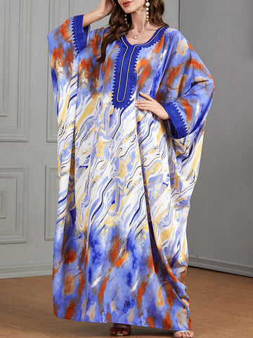 Contrast Color Muslim Printed Split-Joint Batwing Sleeves Loose V-Neck Muslim Abaya Maxi Dresses