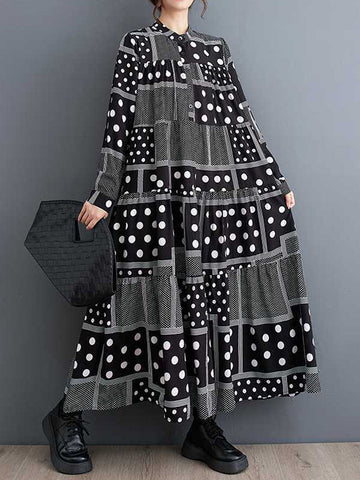 Buttoned Polka-Dot Printed Split-Joint Long Sleeves Loose Midi Dresses