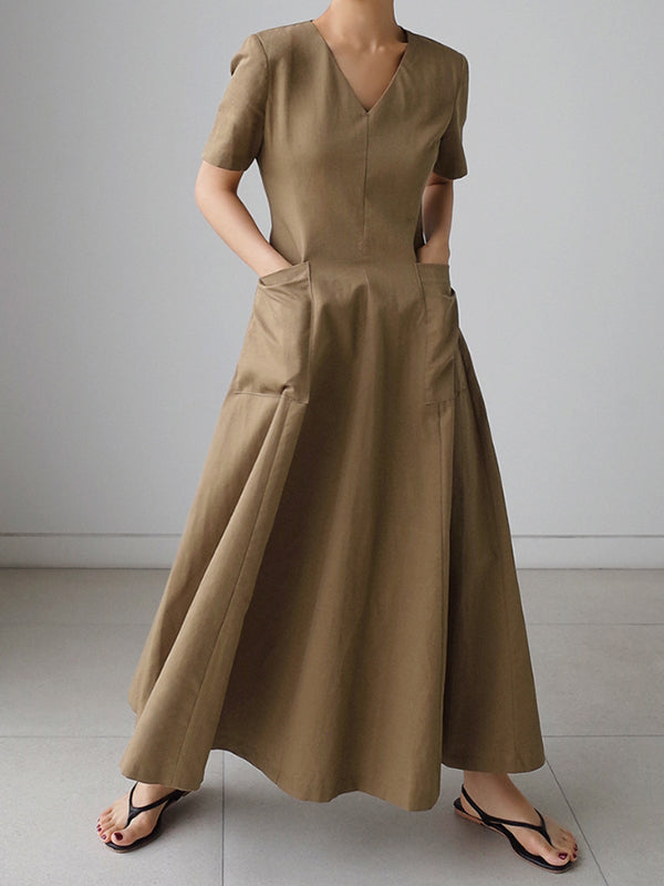 Simple Casual Solid Color Pleated Midi Dress