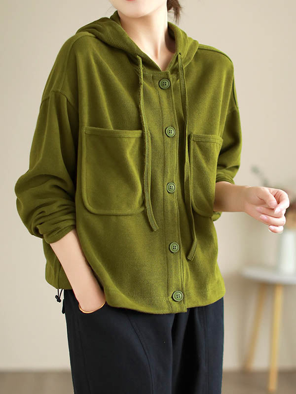 Buttoned Drawstring Pockets Solid Color Hooded Long Sleeves Outerwear