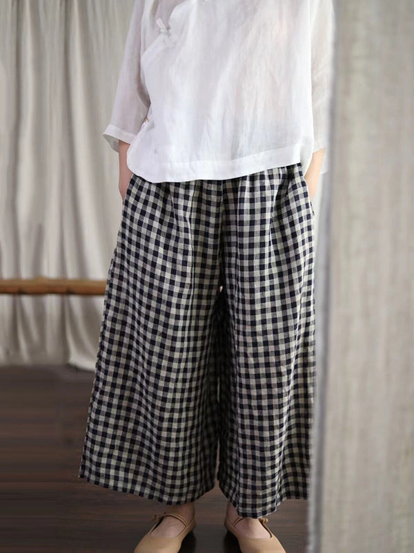 Artistic Retro Linen Loose Wide Legs Plaid Drawstring Pants