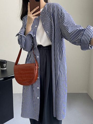 Striped Long Sleeves Loose Round-Neck Shirt Dress Midi Dresses